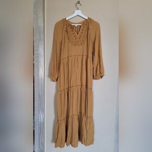 Old Navy Embroidered Tiered Puff Sleeve Mustard Yellow Boho Dress Bohemian